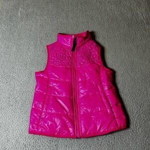 Lands' End Vest Girls Medium (5-6) Pink Lightweight‎ Floral Stitching Full Zip